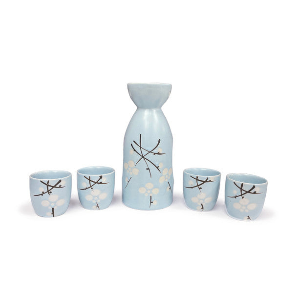 Sky Blue Sakura Sake Set - 1 Bottle and 4 Cups