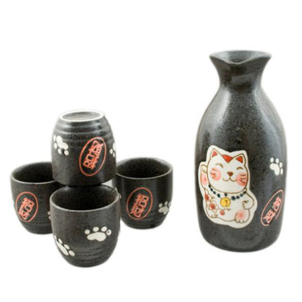 Lucky Cat Sake Set Black - 1 Bottle & 4 Cups