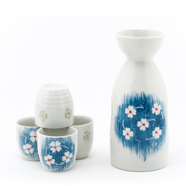 Flower Field Sake Set, 1 Bottle and 4 Cups - White/Blue