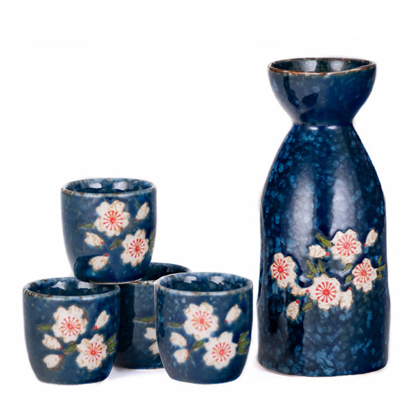 Cherry Blossom Sake Set, 1 Bottle and 4 Cups - Navy