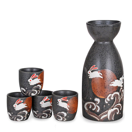 Moon Rabbit Sake Set 1 Bottle and 4 Cups - Black