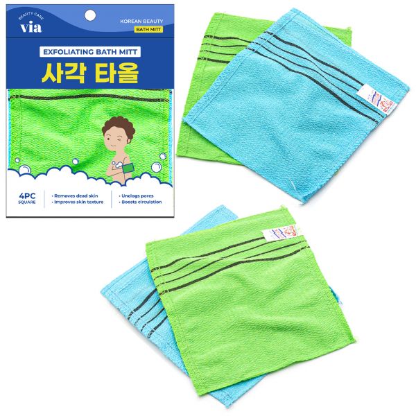Via Beauty Square Exfoliating Bath Mitt - 4pc