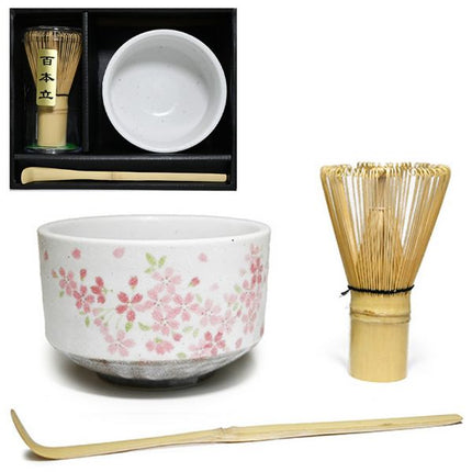 Japanese Matcha Tea Set with Bamboo Whisk & Scoop - Pink Flower