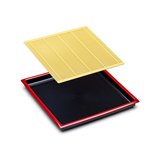 Square Soba Plate Plastic Lacquer 7.5" - 2pc Set, Black/Red