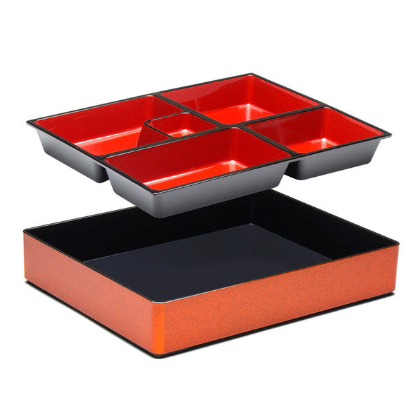 Lunch 5-Compartment Tray Plate Plastic Lacquer 11-3/4" x 9-1/2" - Red