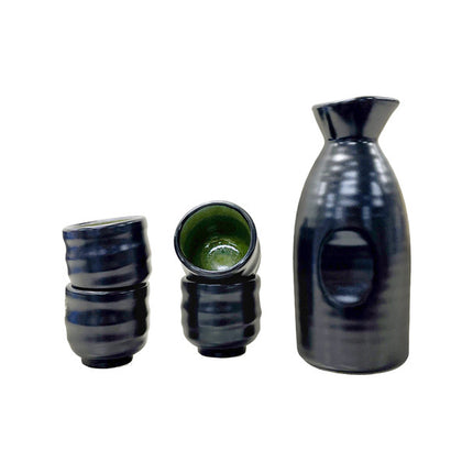 Tougei Black and Green Alloy 5pc Sake Set