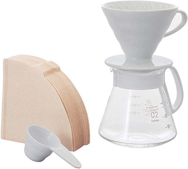 Hario V60 Pour Over Set with Ceramic Dripper, Glass Server, Scoop and Filters, Size 02 (White)