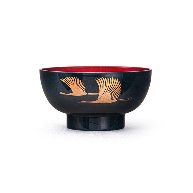 Japanese Gold Crane Plastic Lacquer Bowls 5pc - Black & Red