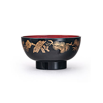 Gold Flower Plastic Lacquer Bowls 5pc - Black & Red