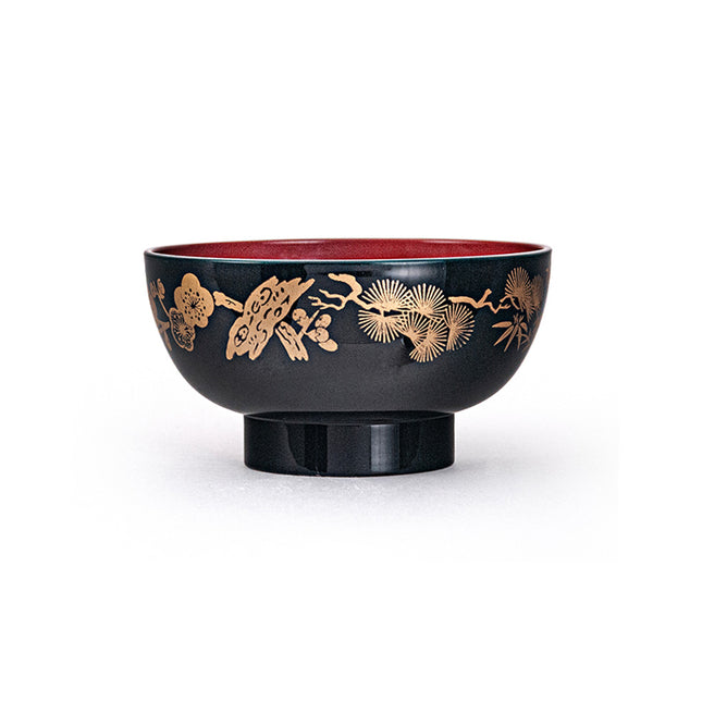 Gold Flower Plastic Lacquer Bowls 5pc - Black & Red