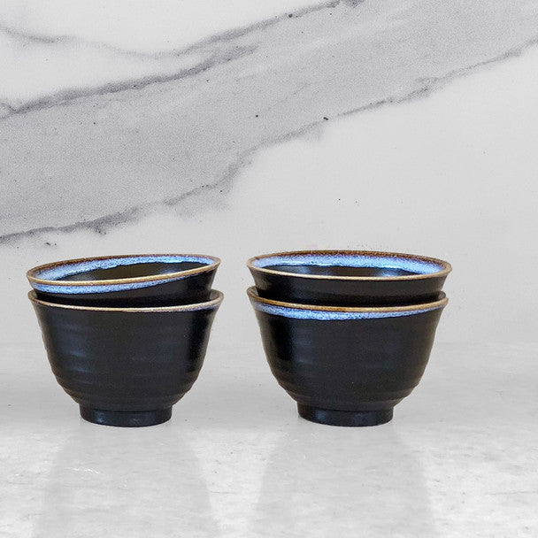 Modern Stoneware Bowl - Black with Blue/Brown Rim, Set of 4