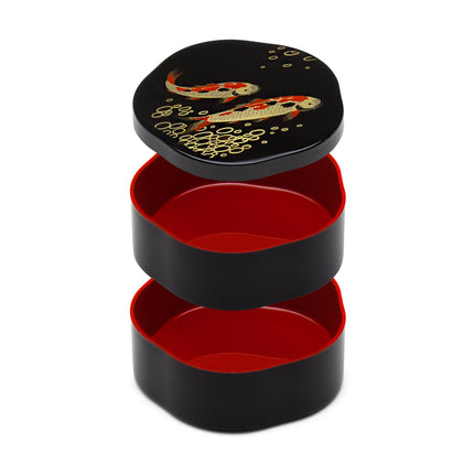 Koi Fish 2-Tier Black Lacquer Container